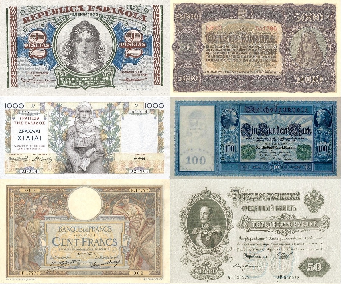 Colaj cu bancnote istorice străine din Spania, Ungaria, Grecia, Germania, Franța și Rusia