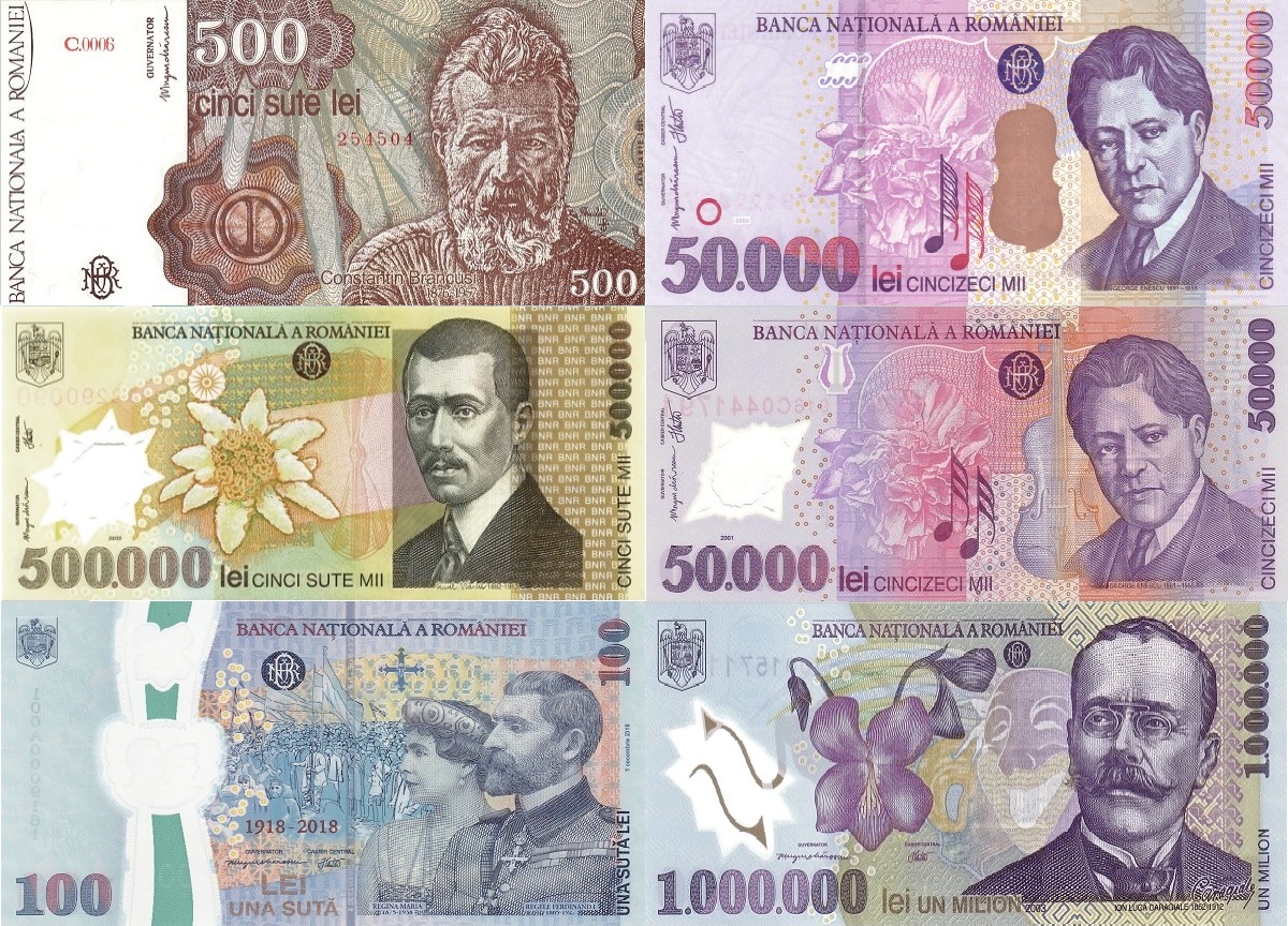 Bancnote românești moderne, emise după 1990, inclusiv emisiunile pe hârtie și polimer