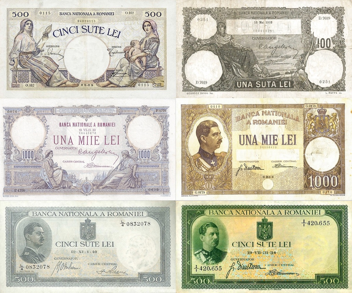 Bancnote românești vechi cu scene alegorice și reprezentări ale agriculturii și industriei