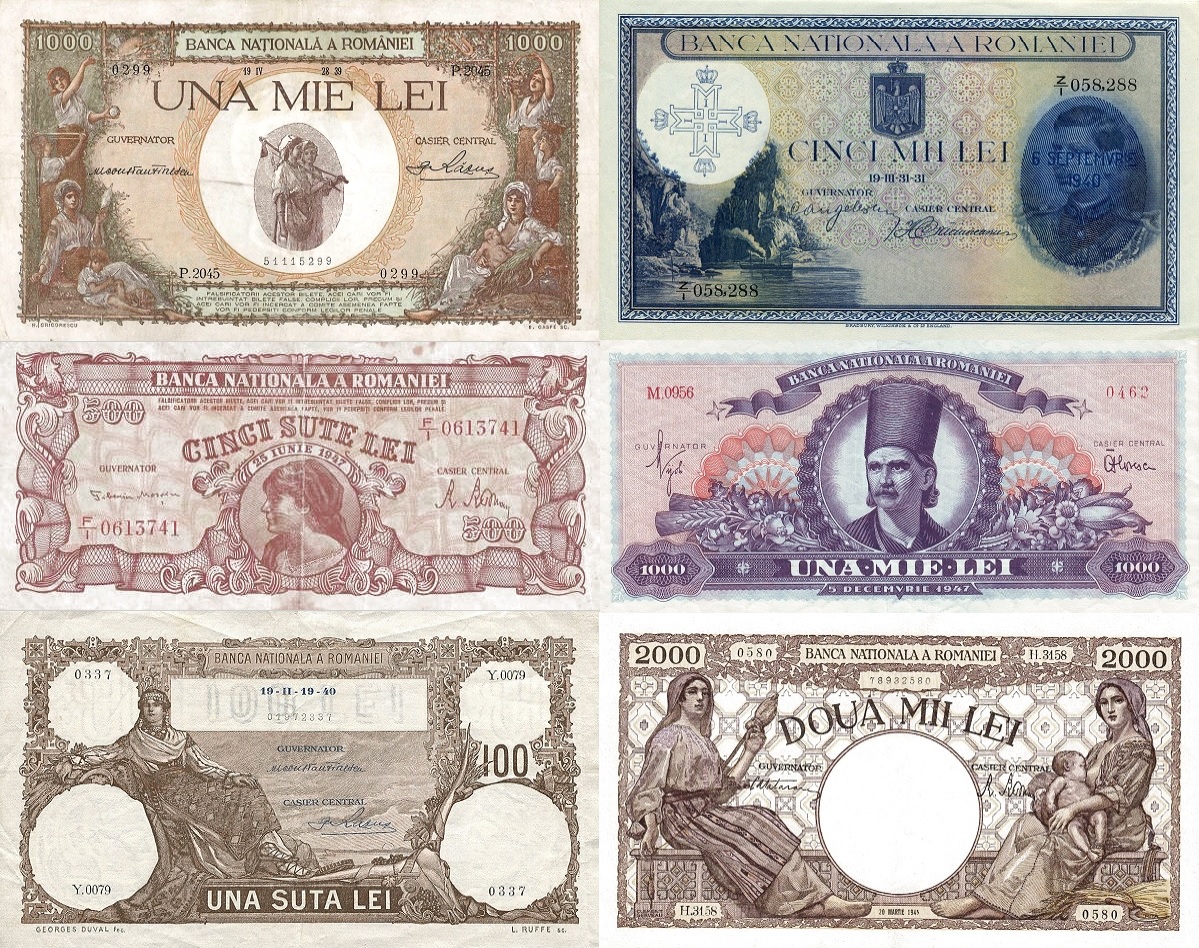 Bancnote românești regale cu rame ornamentale bogate și efigii ale suveranilor