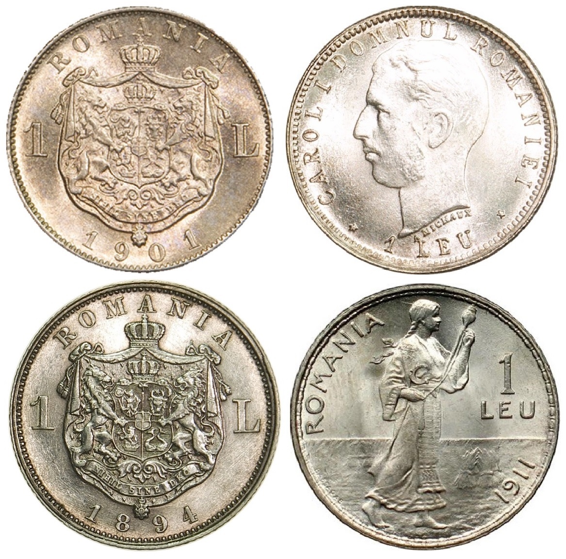 Monede din argint de 1 leu din emisiunile târzii 1894, 1901, 1906 și 1911