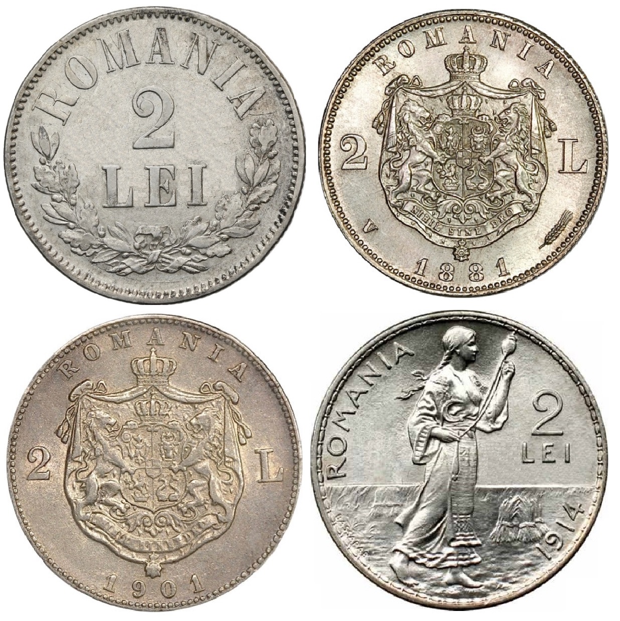 Monede românești din argint de 2 lei din anii 1870, 1881, 1901 și 1914