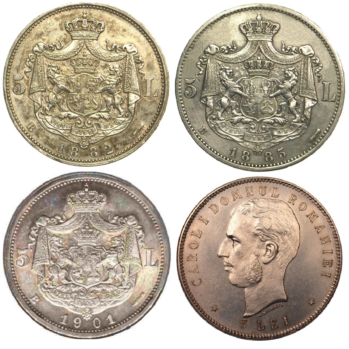 Monede românești din argint de 5 lei, emise în anii 1882, 1885, 1901 și 1906