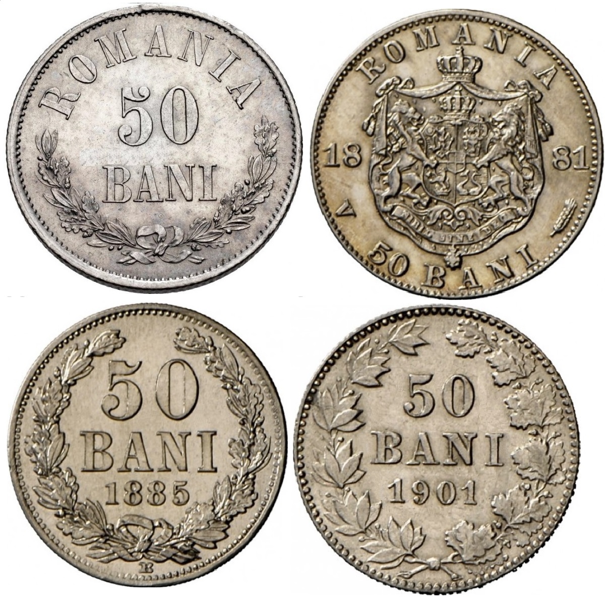 Monede românești din argint de 50 bani din anii 1873, 1881, 1885 și 1901