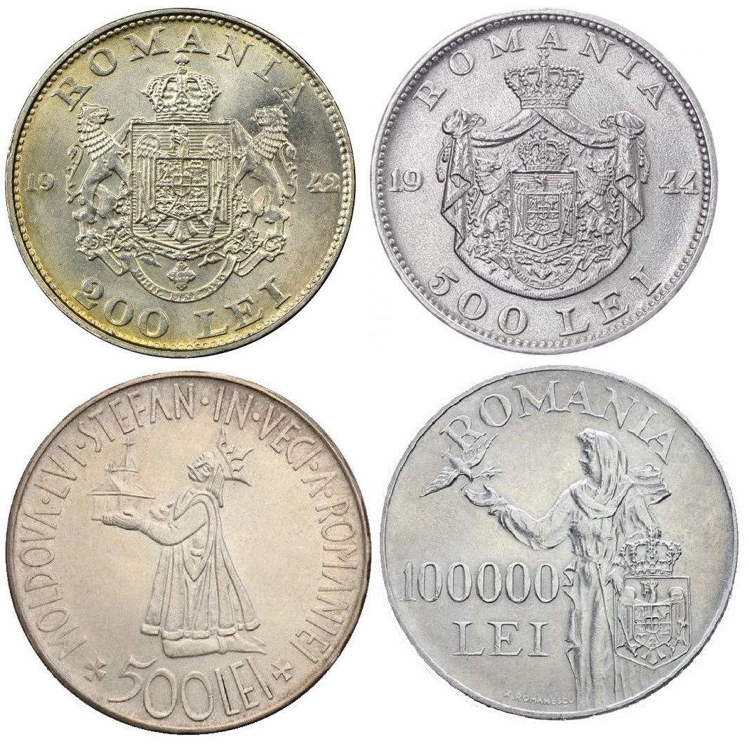 Monede românești din argint de 200 lei, 500 lei și 100000 lei din perioada interbelică și postbelică
