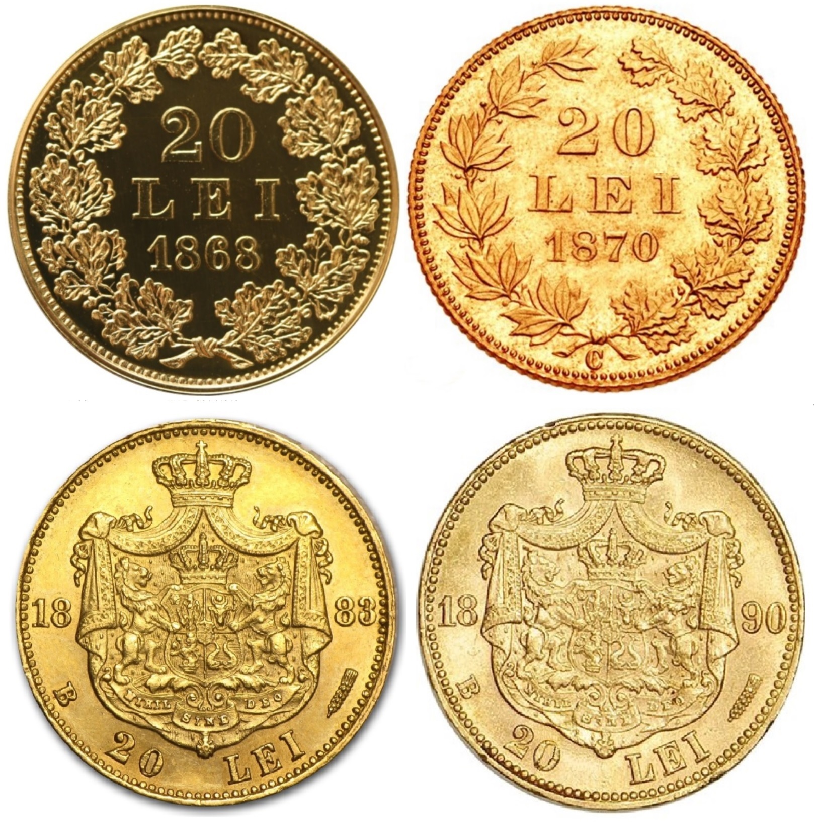 Monede românești din aur de 20 lei din emisiunile 1868, 1870, 1883 și 1890