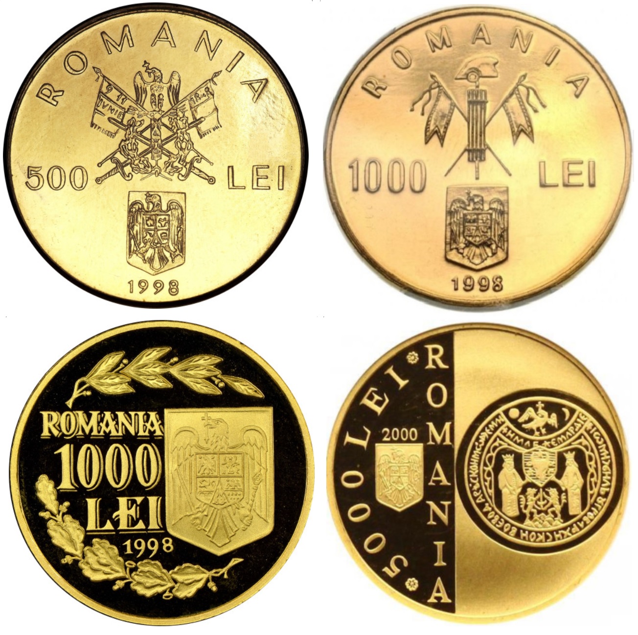 Monede moderne din aur de 500, 1000 și 5000 lei emise de Banca Națională a României în anii 1998–2000