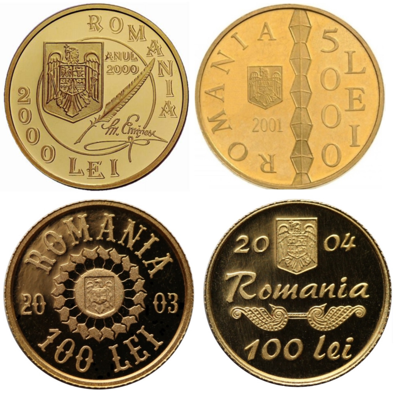 Monede aniversare din aur de 100, 2000 și 5000 lei emise în perioada 2000–2004