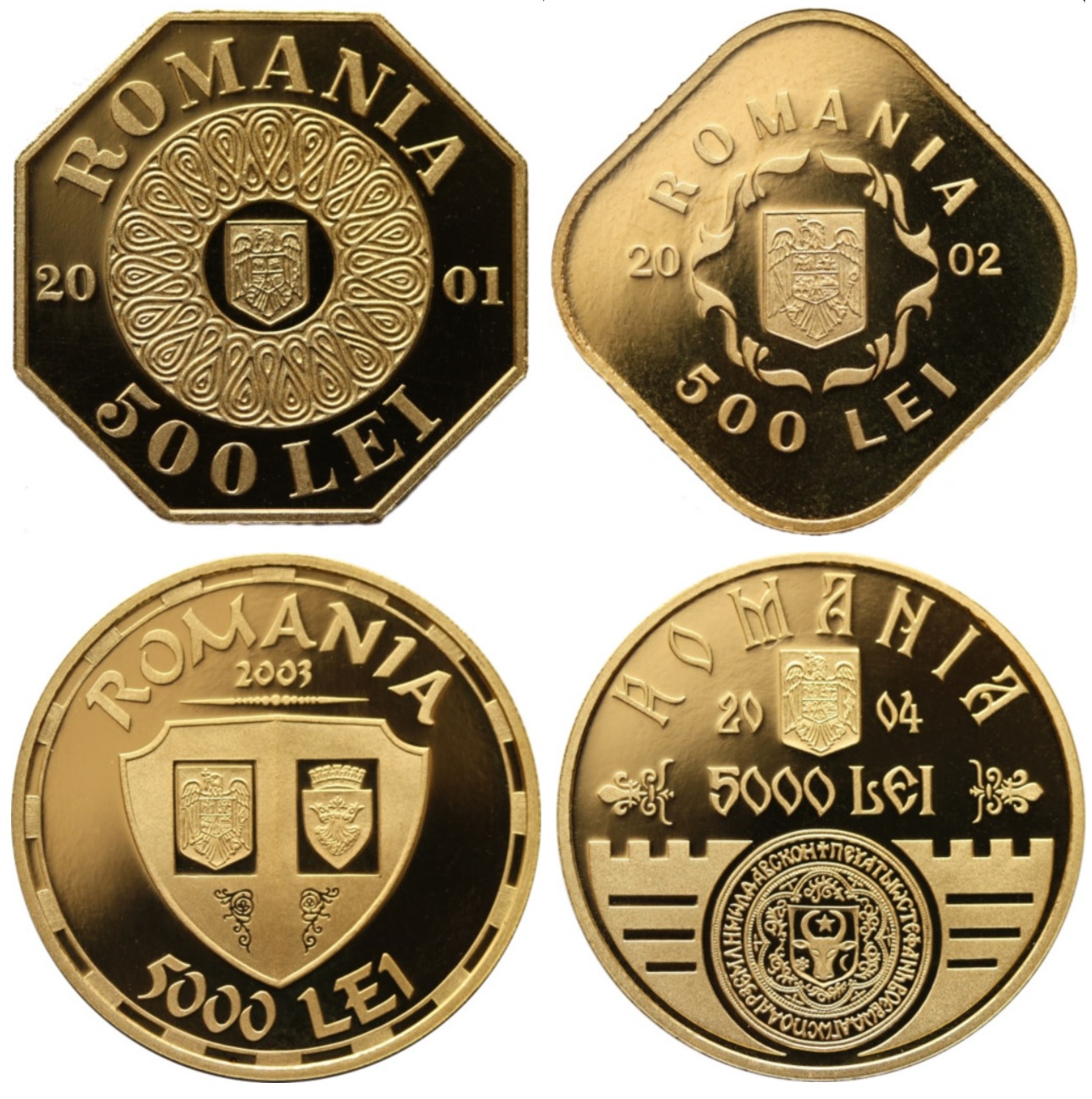 Monede românești din aur de 500 și 5000 lei cu forme octogonale și pătrate, emisiuni 2001–2004