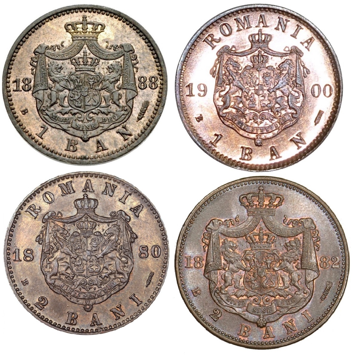 Monede românești din cupru de 1 ban din anii 1888 și 1900, și monede de 2 bani din 1880 și 1882, cu stema Regatului României